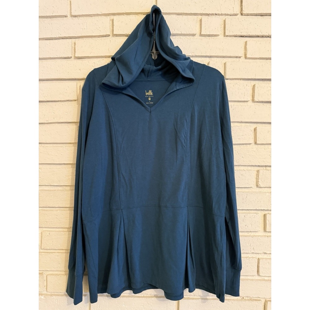 Belle Kim Gravel Sz Lg Shirt‎ Top Hoodie Hooded Green Stretch V neck Tunic